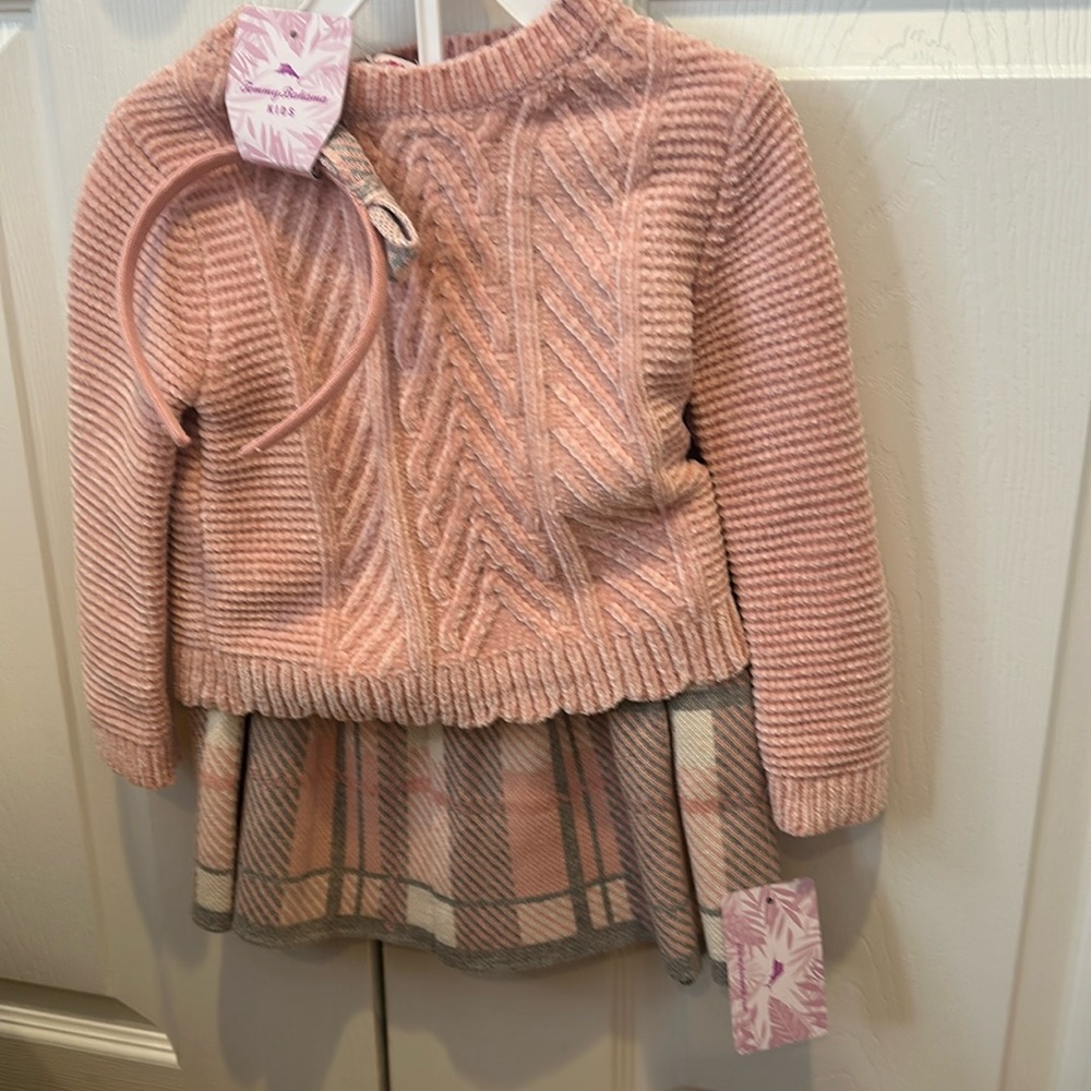 NWT  3 piece velour sweater plaid skirt & headband
